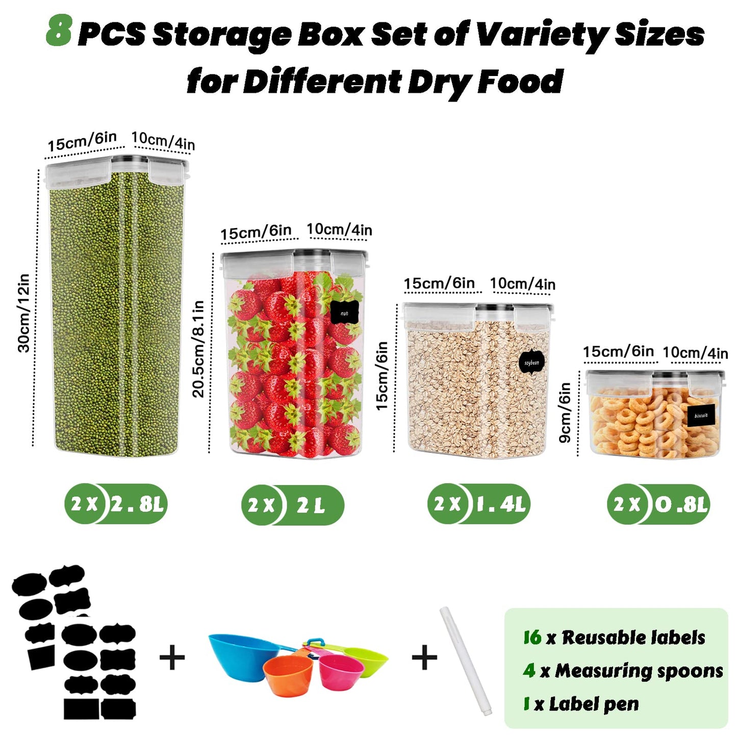 Baozun airtight food storage containers 8-piece set, kitchen storage box with plastic lids, cereal container for grains, flour, cereal (2.8L/2L/1.4L/0.8L)*2