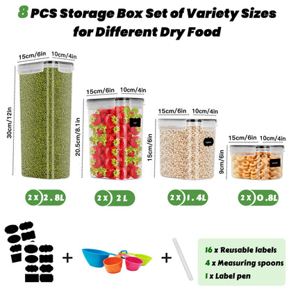 Baozun airtight food storage containers 8-piece set, kitchen storage box with plastic lids, cereal container for grains, flour, cereal (2.8L/2L/1.4L/0.8L)*2