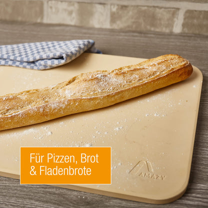 Amazy pizza stone including bamboo pizza peel, parchment paper, and insert - The ultra heat-resistant bread baking stone gives your pizza the original Italian flavor of crispy stone oven pizza.