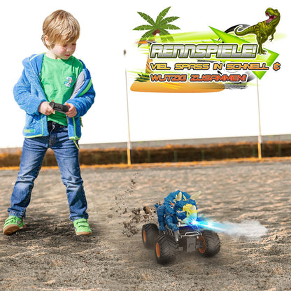 HappyGoLucky dinosaur toy for boys aged 3-10, monster truck RC car for ages 3-8 with mist spray, music, LED lights, outdoor Easter gift for kids.