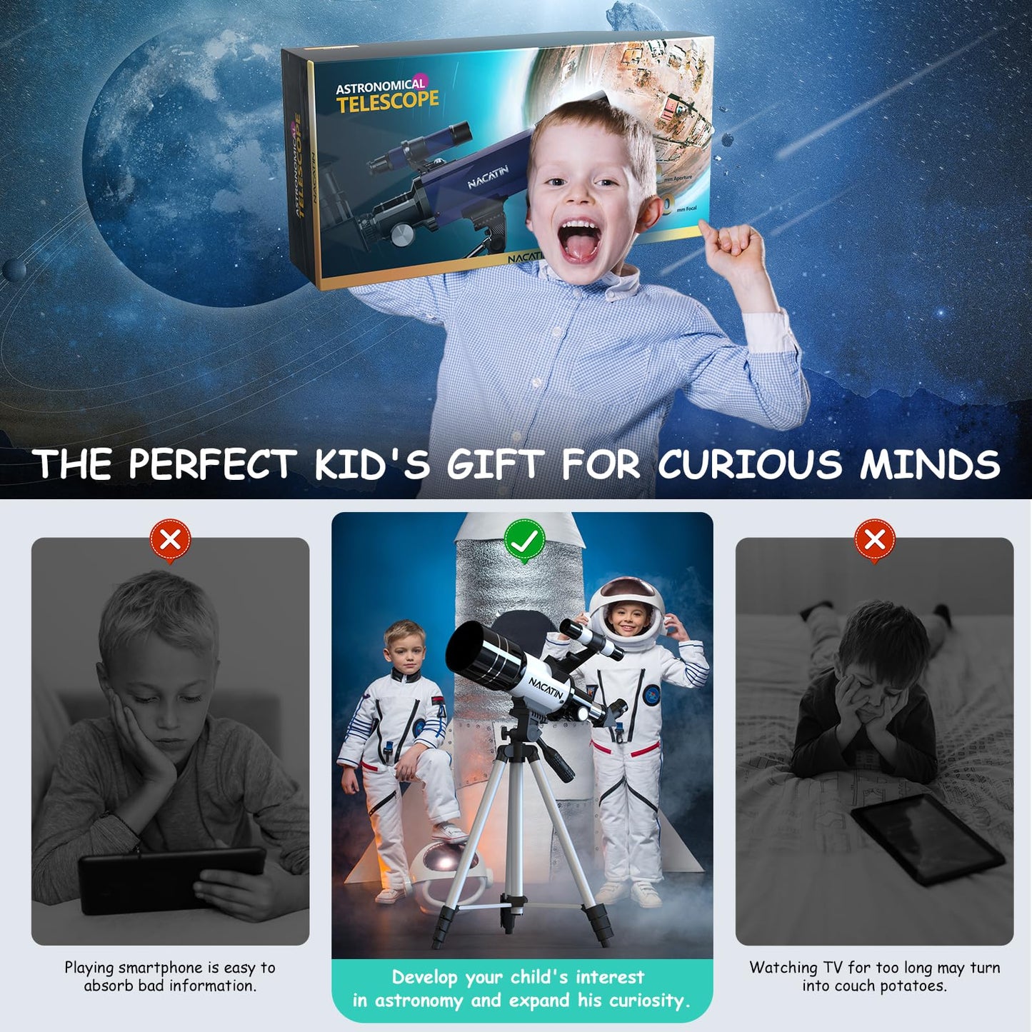 Telescope for kids, NACATIN 70mm aperture refractor telescope for kids, adults & beginners, adjustable tripod, with smartphone adapter and wireless remote control.