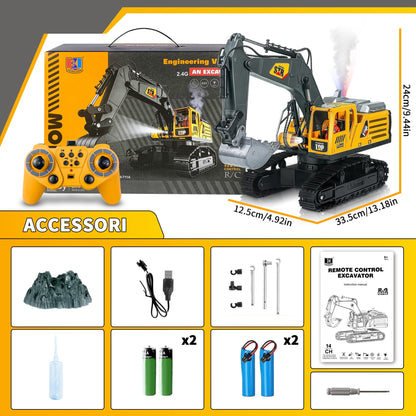 FUYLEY Remote Control Toy for Boys, Metal Shovel for 14K RC Excavator, 2.4 GHz with Sound Spray, Construction Toy RC 680° Rotation for Boys Gift
