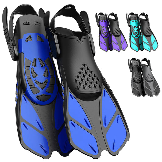 Lealinga snorkel fins, adjustable fins for adults, travel size swim fins, unisex diving fins for adult men, women, and children, open heel training fins with mesh bag.