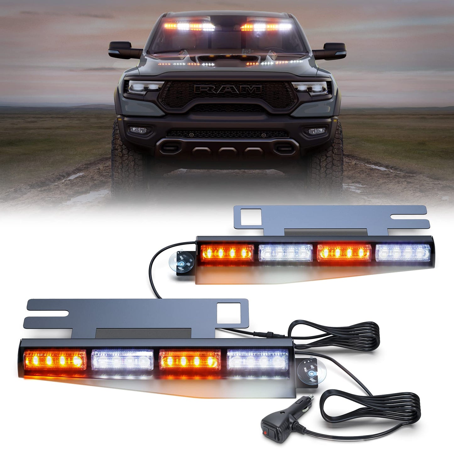 Dinfu 2 Pieces 48cm Flashing LED Warning Light Orange + White Beacon, 26 modes strobe safety warning lights with 32 LEDs for construction vehicles, truck, tractor roof top.