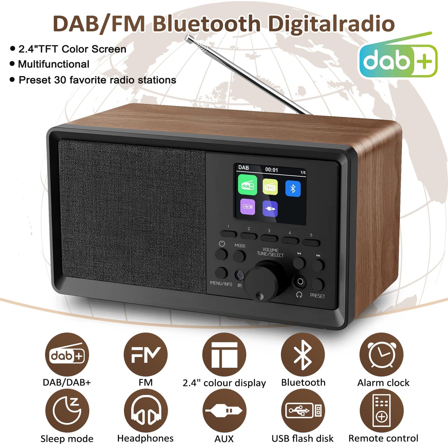 BIAOQINBO DAB Plus Radio/DAB+ with Bluetooth 5.0 FM Digital Radio Nostalgia Radios Portable Retro Radio Wood FM Radio Alarm Clock with Remote Control Kitchen Radio Dual Alarm Color Display Clock Radios