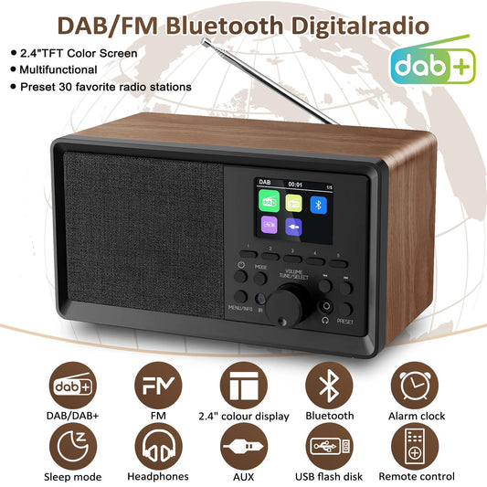 BIAOQINBO DAB Plus Radio/DAB+ with Bluetooth 5.0 FM Digital Radio Nostalgia Radios Portable Retro Radio Wood FM Radio Alarm Clock with Remote Control Kitchen Radio Dual Alarm Color Display Clock Radios