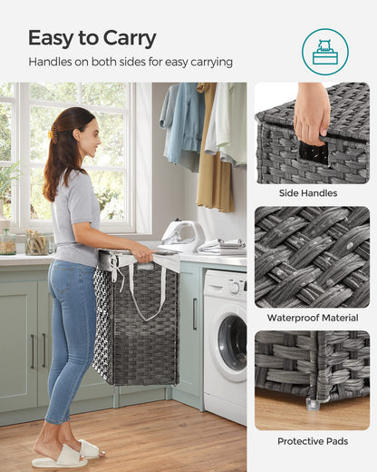 SONGMICS laundry hamper with lid, laundry collector 110 liters, 2 compartments, removable laundry bag with handles, hand-woven, for bedroom, bathroom, 33 x 57 x 60 cm, gray LCB252G01
