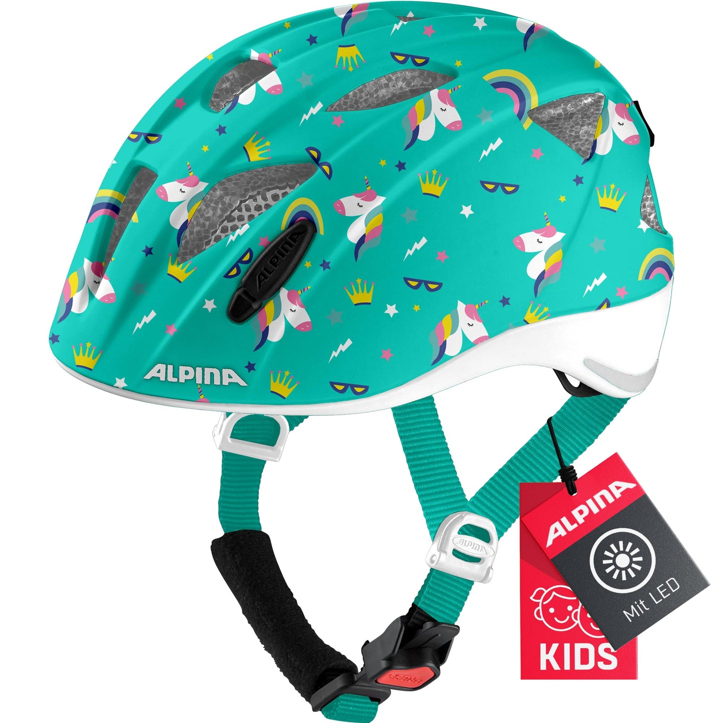 ALPINA XIMO - Lightweight, secure & impact-resistant bike helmet with LED light for children, Unicorn Gloss, 45-49 cm