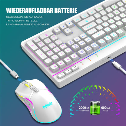 RedThunder K20 Wireless Gaming Keyboard and Mouse Set, QWERTZ DE Layout, RGB Backlight + Multimedia Function Keys, 4800 DPI Wireless Mouse for PC Mac Laptop (White)