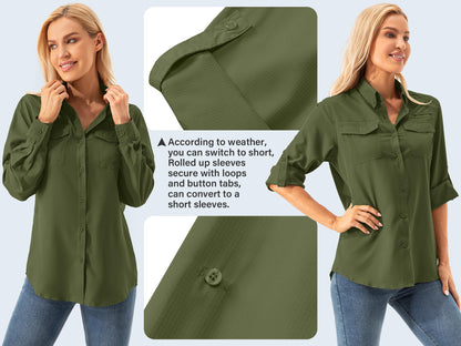 Asphyxiated ladies button-down UV shirt UPF 50+ safari clothing hiking blouse women outdoor cooling quick dry sun protection long sleeve airy shirt（5072 Army Green M）