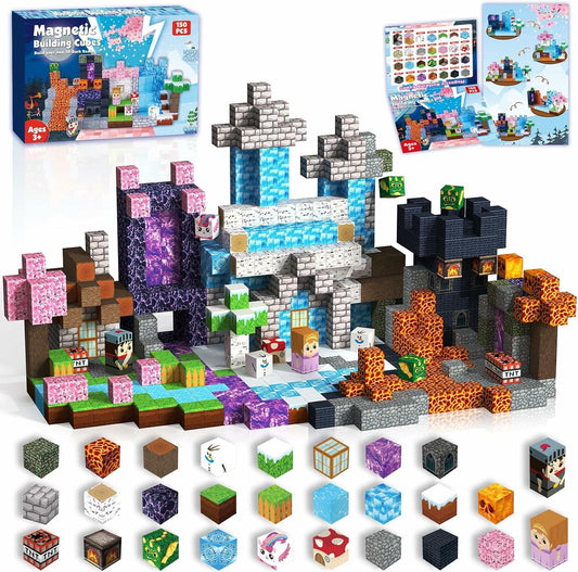 ToyUnited Magnetic Building Blocks 150 Pieces Magnet Blocks "Dragon Adventure" - Fantasy world with volcano, knights & magical cherry blossoms, toy for kids ages 4 5 6 7 8 9 years