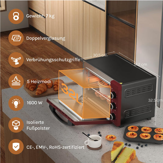 WOLTU Mini Oven, Pizza Oven 32 L, 1600 W, 100-230 °C, 0-60 Min. Timer, 5 Heating Modes, Double Glass Door, with Rotisserie, Baking Tray, Grill Rack, Crumb Tray, Grid Handle, Black+Red
