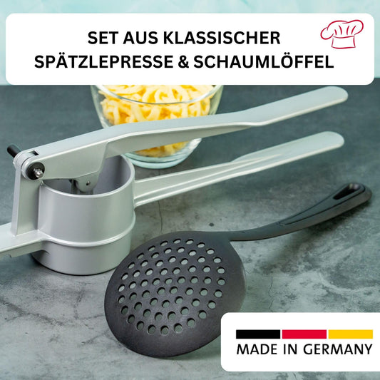 Westmark 611022E8 Spaetzle/Potato Press "Spaetzlepress Skimmer "Gentle", Aluminum, Silver/Black/Round Hole