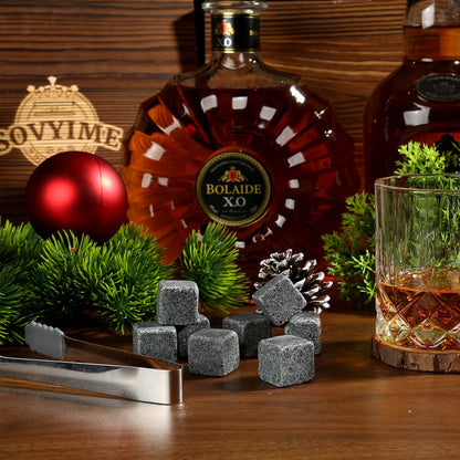 Whiskey Glass Gift Set, Whiskey Stones, Whiskey Gift Sets for Men, 8 Whiskey Stones 2 Crystal Whiskey Glasses Wooden Box Gift, Birthday Gifts for Men, Dad, Husband Valentine's Day (Round)