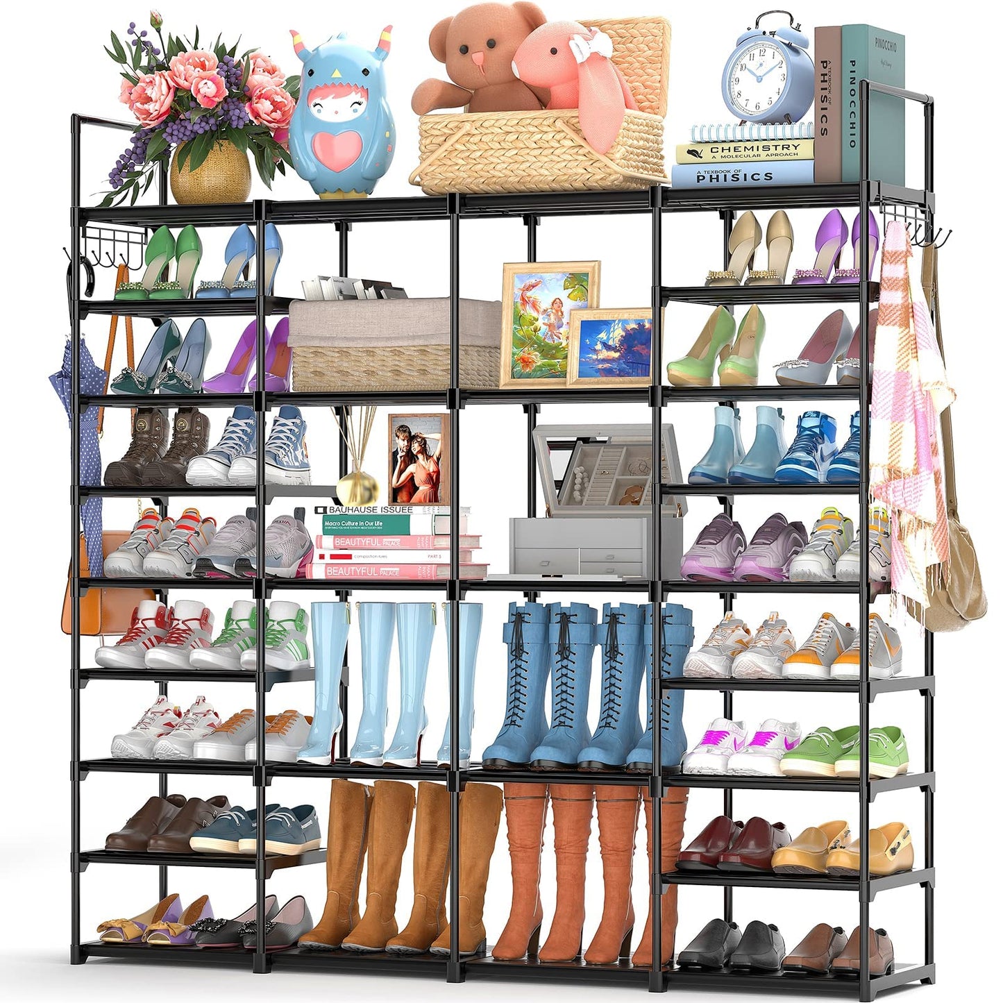 FINEW shoe rack with 9 levels, metal shoe shelves, large shoe rack for 64-72 pairs of shoes storage, 4 rows shoe cabinet with hooks for living room, dressing room, and hallway.