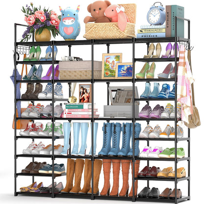 FINEW shoe rack with 9 levels, metal shoe shelves, large shoe rack for 64-72 pairs of shoes storage, 4 rows shoe cabinet with hooks for living room, dressing room, and hallway.