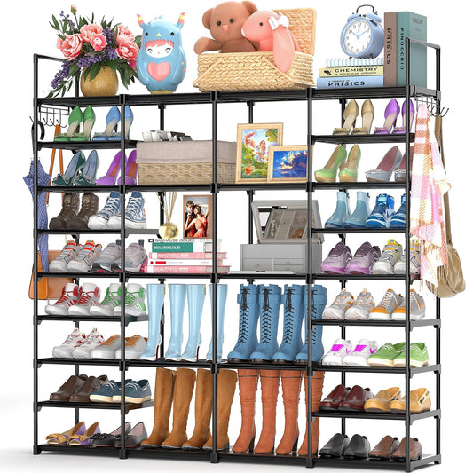 FINEW shoe rack with 9 levels, metal shoe shelves, large shoe rack for 64-72 pairs of shoes storage, 4 rows shoe cabinet with hooks for living room, dressing room, and hallway.