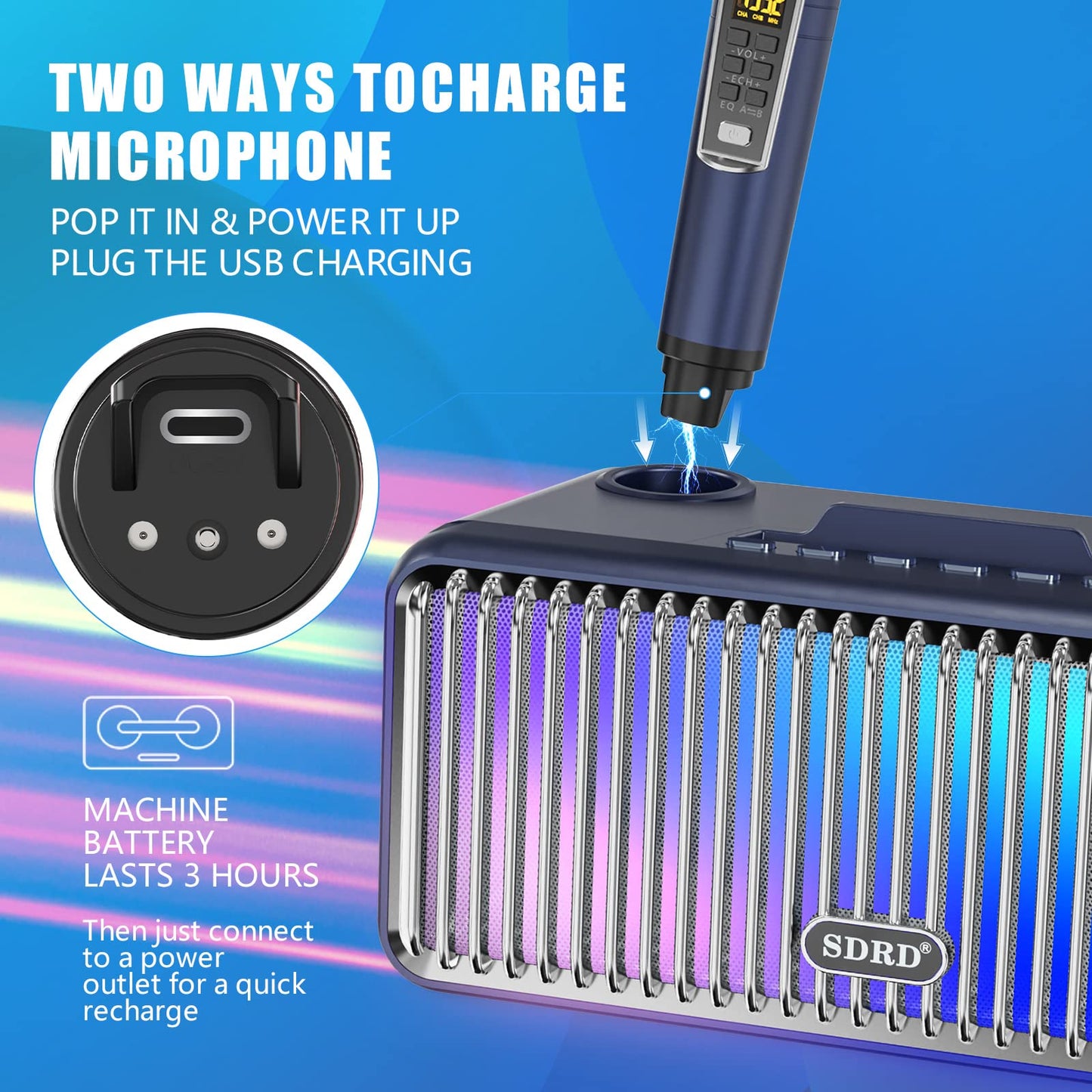 Karaoke machine for adults and kids, portable Bluetooth speakers with 2 UHF wireless microphones. Karaoke speaker PA system with LED lights for outdoor/indoor-Blue.