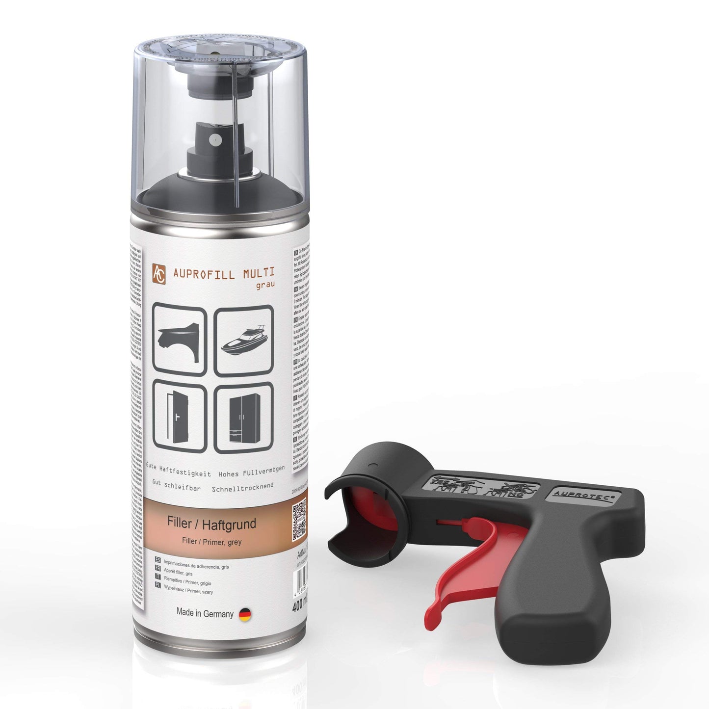 AUPROTEC Primer Filler AUPROFILL MULTI for car paint priming spray gray 12x 400ml + 1x Original gun handle