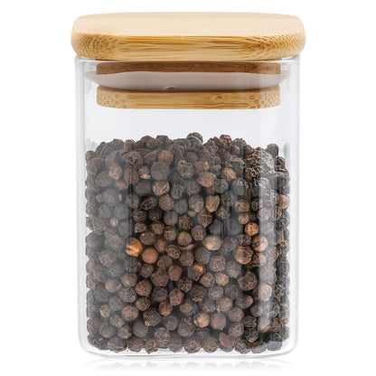 Happy Lemuro Spice Jars Square | 12-piece set | Glass storage containers 180 ml, 279 spice labels, pen, wooden lids. 6x6x8.5 cm, 12 spice containers | Jars for spice storage, spice storage