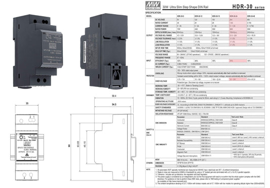 24 VDC | 1.5 A | 36 Watt | Mean Well HDR-30-24 DIN Rail Power Supply