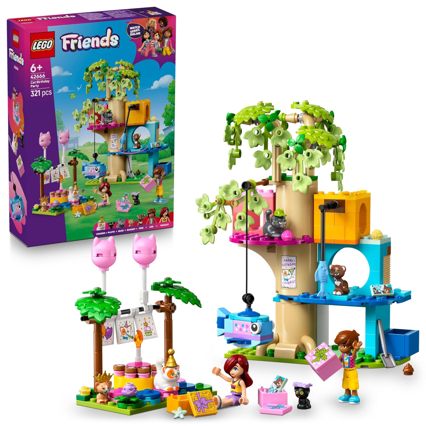 LEGO Friends Cat Birthday Party & Treehouse - Toy with 2 Minifigures & 5 Animal Figures - Rotating table, piñata & fun accessories - Creative gift for girls aged 6+ - 42666