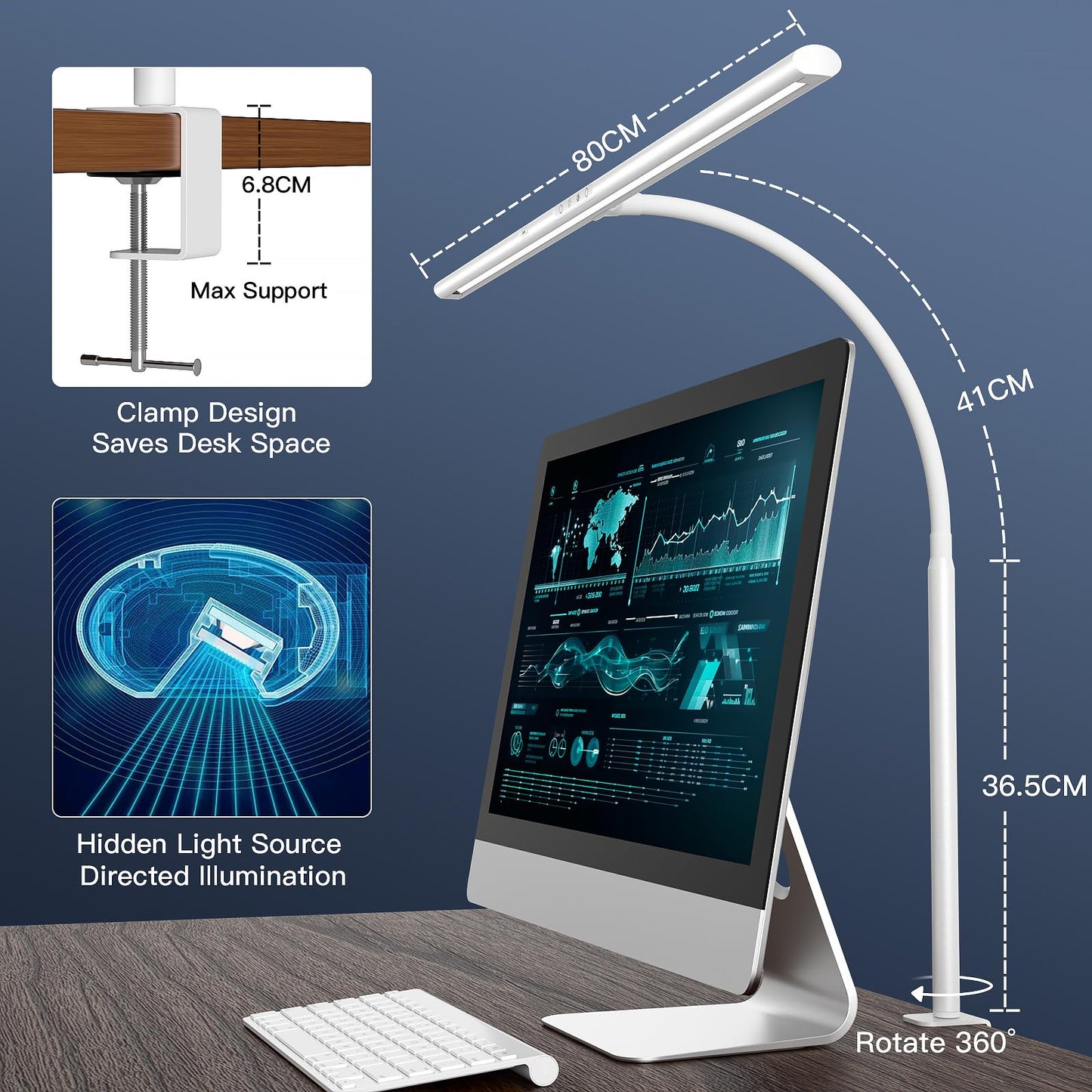 EYOCEAN desk lamp LED with gesture control & remote control, 24W 80CM clamp desk lamps, dimmable adjustable color temperatures monitor lamp, daylight lamp for home office, white.