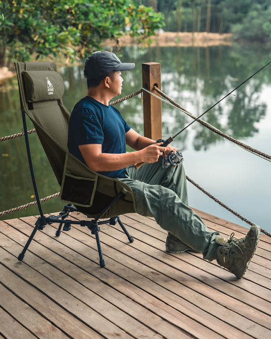 OneTigris DRAGONHIDE camping chair high backrest foldable 125 kg, foldable camping chair lightweight, foldable fishing chair with 2 side pockets, ultralight folding chair for outdoor, hiking (Ranger Green)