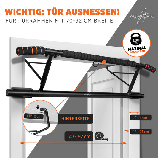 AthleticPro - Pull-Up Bar for Door Frame or Wall Mount - Heavy-duty pull-up bar [up to 200 KG] - Chin-up bar for door without assembly - 20 cm higher in the frame - Also suitable for Dips & Push Ups.