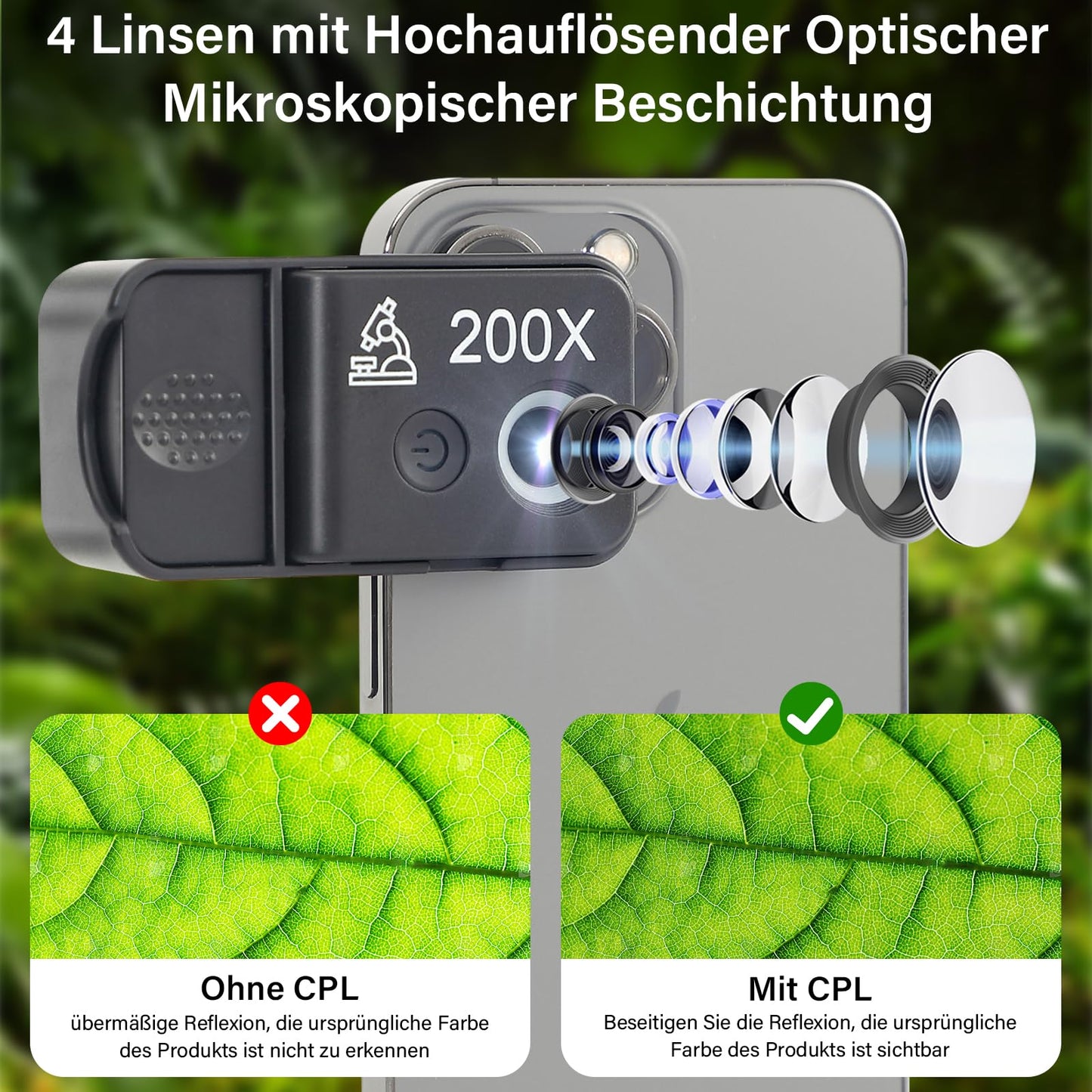 HidWee 200x mobile microscope with LED, mini microscope lens for smartphone camera with CPL, pocket microscope for exploring Micworld Digital with iPhone.