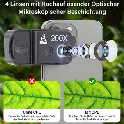 HidWee 200x mobile microscope with LED, mini microscope lens for smartphone camera with CPL, pocket microscope for exploring Micworld Digital with iPhone.