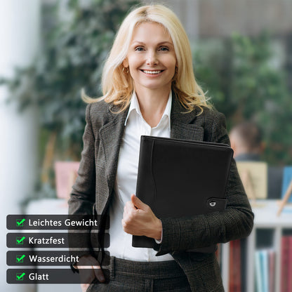 AMKSONS A4 Writing Pad in Black with Clipboard & A4 Notepad - Premium Conference Folder made of PU leather with document compartments, pen holder, flap cover, and magnetic closure.