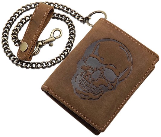 myledershop Genuine buffalo full grain leather vertical biker wallet/purse with metal chain and RFID & NFC protection (skull design/brown)