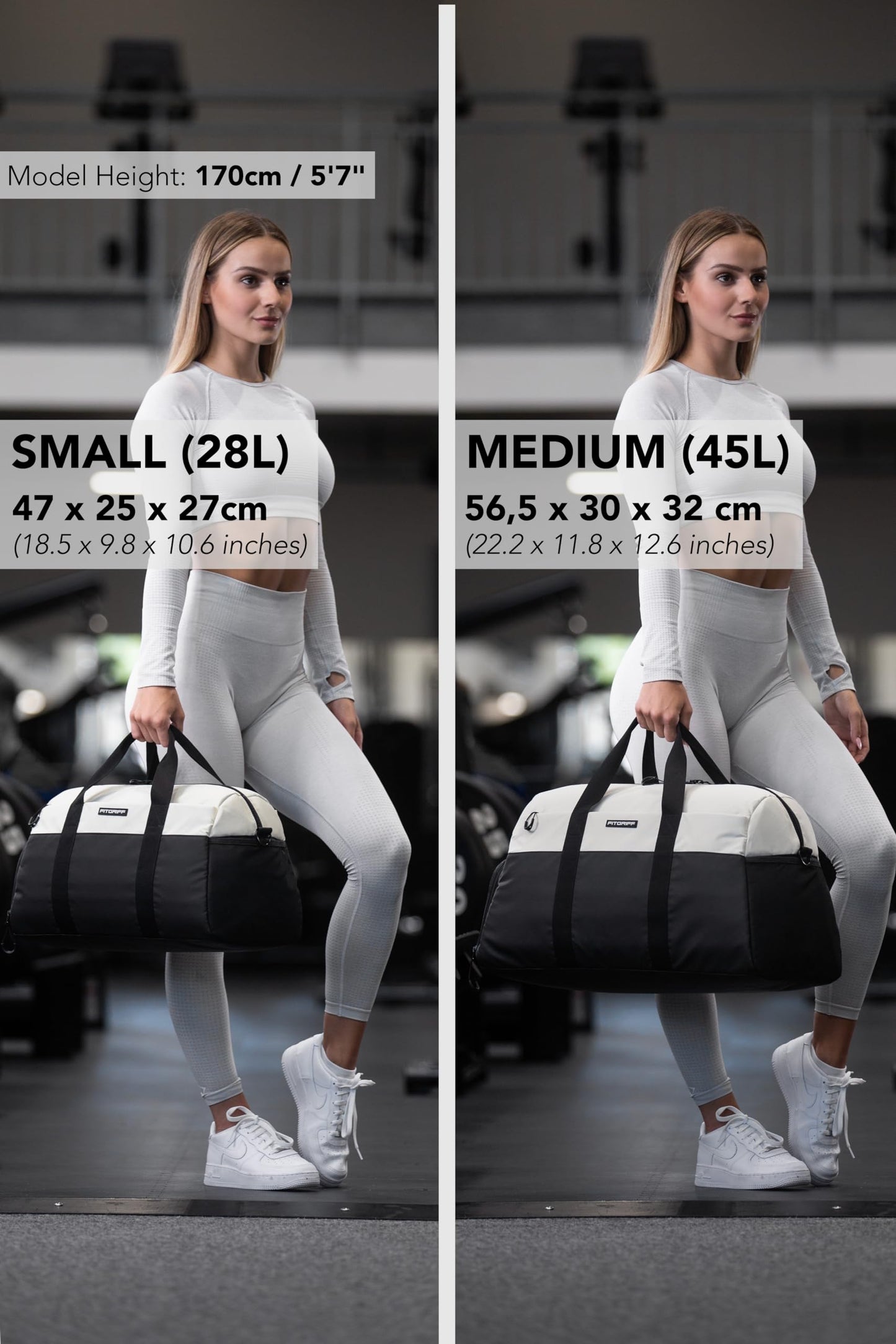 Fitgriff® sports bag & travel bag V2 for women and men - with shoe compartment & wet compartment - bag for sports, fitness, travel - training bag, gym bag, (Black/Cream White, Small)