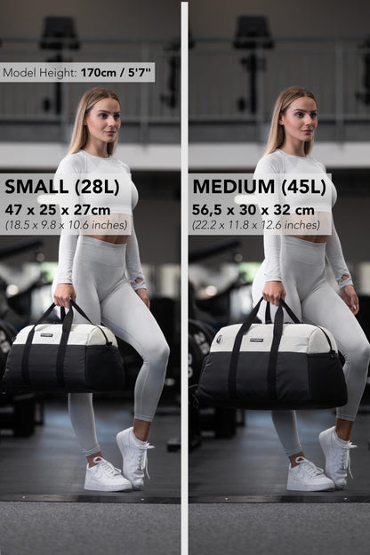 Fitgriff® sports bag & travel bag V2 for women and men - with shoe compartment & wet compartment - bag for sports, fitness, travel - training bag, gym bag, (Black/Cream White, Small)