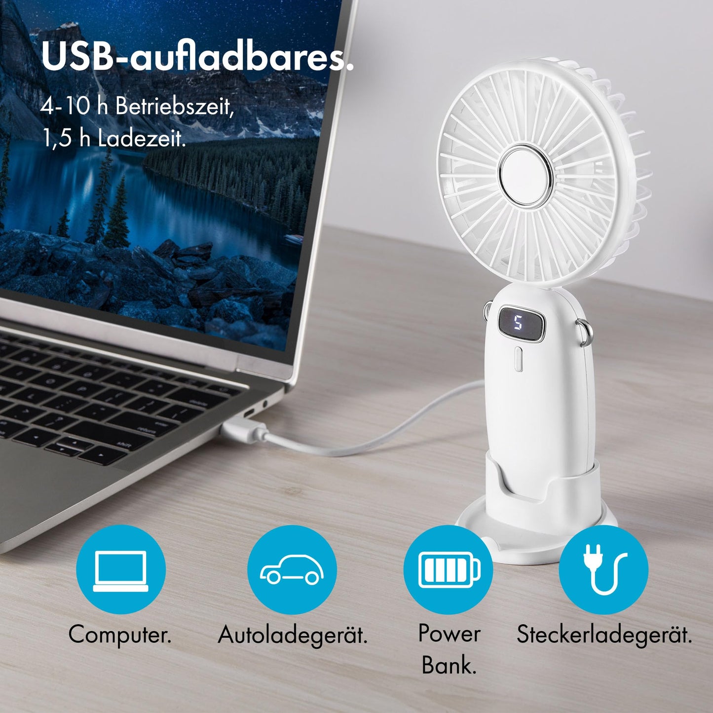 VonHaus handheld fan - lightweight, portable, small USB fan with 5 speeds - folds up 90°, with 60cm strap and phone holder - mini fan for desk, home, office (white)
