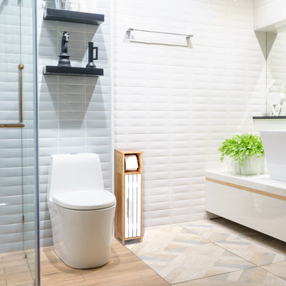 Relaxdays standing toilet paper holder, bathroom rack HWD: 71x18x20 cm, MDF & bamboo, toilet paper cabinet, brown/white