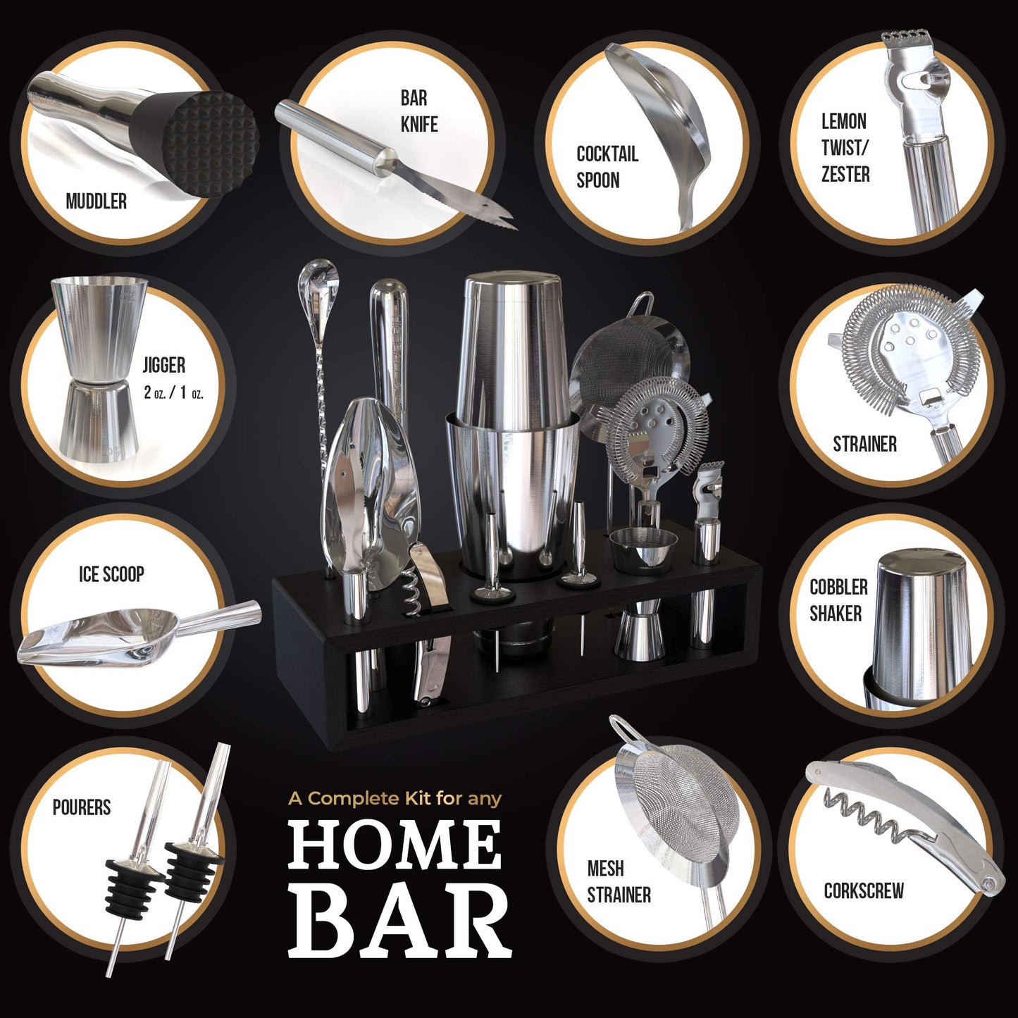 Highball & Chaser bartender kit cocktail shaker set with black stand and drink mixer set. Martini bar set with mixology bar tool set. Best bar accessories (silver) 2 oz.
