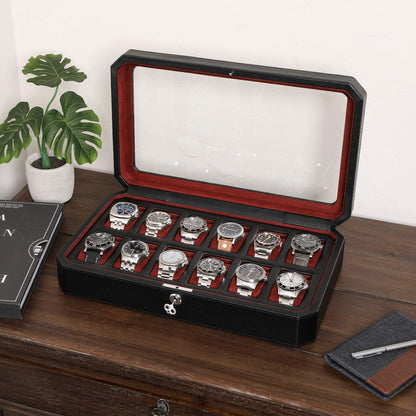 ROTHWELL 12 Slot Leather Watch Box - Luxury Watch Case Display Organizer, Men's Storage Boxes Holder Large Glass Top (Black/Red)