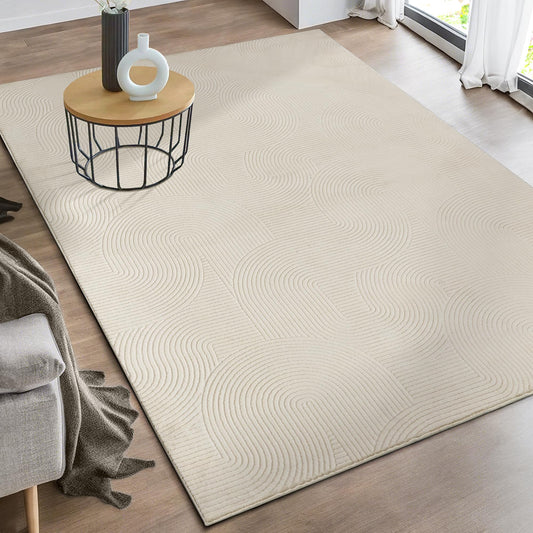 the Rio carpet - modern and soft rug for living room or bedroom with non-slip backing and 3D effect. Fluffy surface, easy to care for and durable. Cream color, 200 x 280 cm.