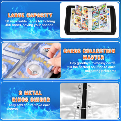 Collectible card album, 50 pages, 400 card capacity. Portable, waterproof card holder folder for kids. Great gift for collectors.