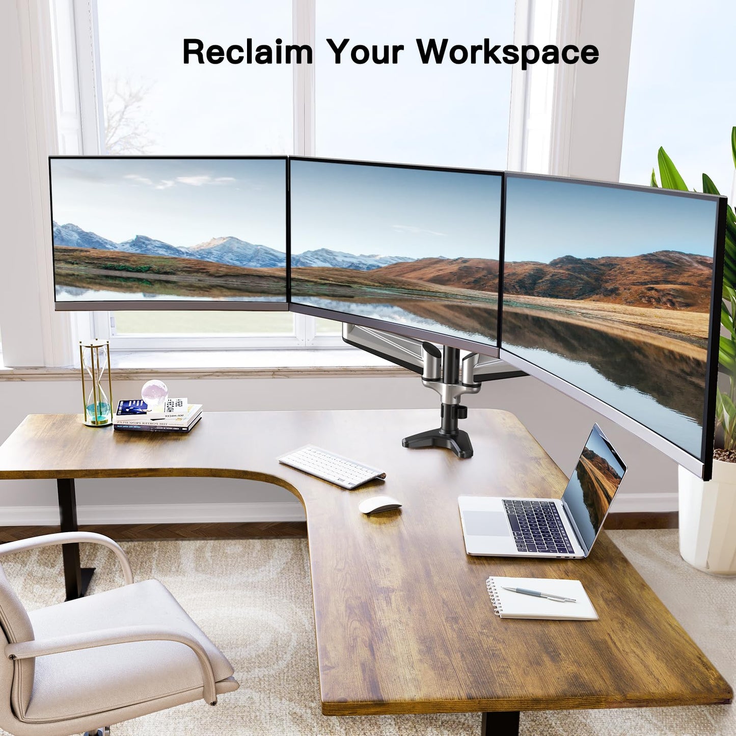 HUANUO Triple Monitor Stand for 17-32 inch screens, Adjustable Height Triple Monitor Mount, Holds up to 8kg per arm.