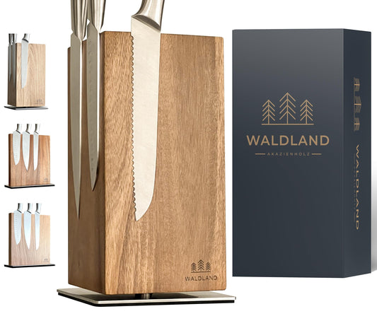 WALDLAND Premium knife block without knives I Magnetic and 360° rotatable knife block made of elegant and sturdy acacia wood I Magnetic knife holder for knives I Wooden block kitchen organizer