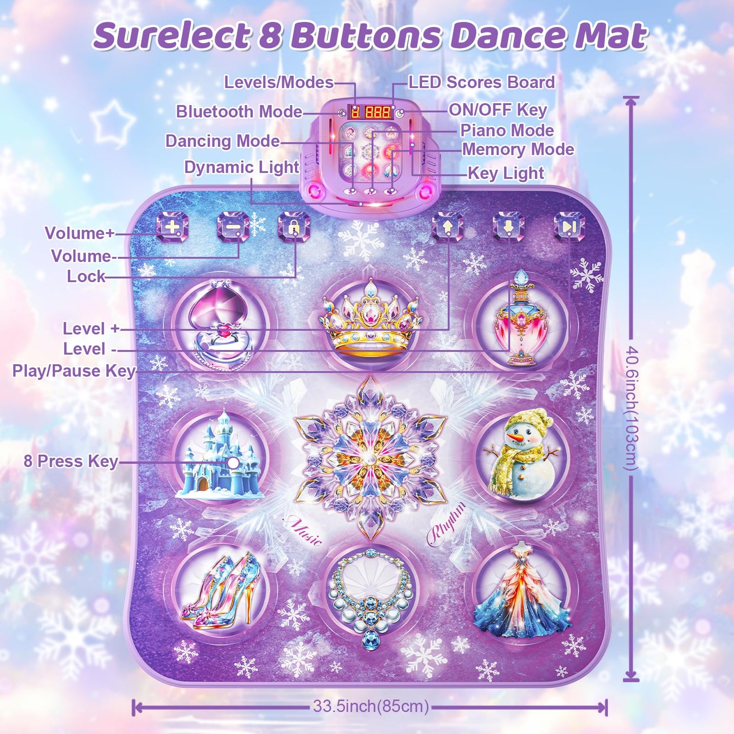 Dance mat kids toy gifts for girls 3 4 5 6 7 8 9 years, 2025 8 button dance mat with Bluetooth, Flowing light control system with stands, Purple princess gift for 3-12 girls