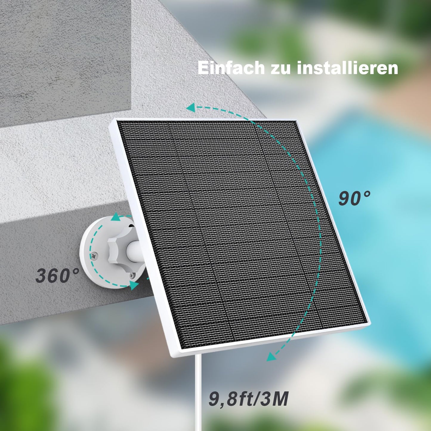 Solar panel for Eufy camera, 5W solar panel compatible with Eufycam 3/3C/2/2 Pro/2C/2C Pro/E/E20/E40/L20/L40. Features 5V output with USB-C connection, micro USB adapter, and IP65 waterproof rating.
