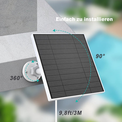 Solar panel for Eufy camera, 5W solar panel compatible with Eufycam 3/3C/2/2 Pro/2C/2C Pro/E/E20/E40/L20/L40. Features 5V output with USB-C connection, micro USB adapter, and IP65 waterproof rating.
