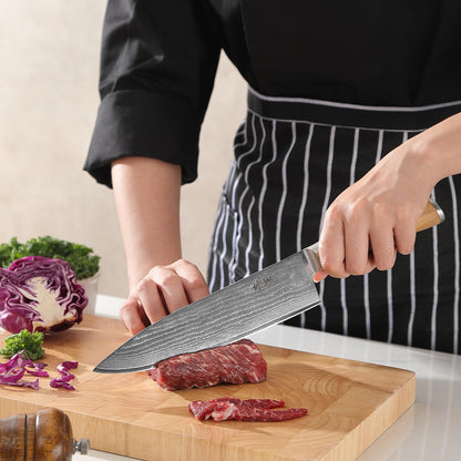 Wakoli Olive Damascus Kitchen Knife | Knife with 20cm blade made of 67 layers of Damascus steel with VG10 core | Olive wood handle | For meat, vegetables & fruits | Chef's knife in gift box - Sharp kitchen knife