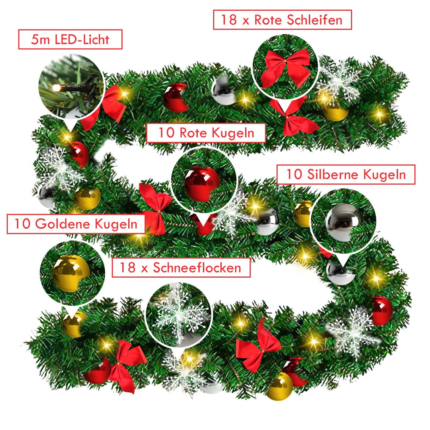 Yakimz Christmas Garland Artificial, 5m with 100 Warm White LED Lights, including Decorations, Artificial Green Pine Garland Christmas Decoration Indoor and Outdoor Garland