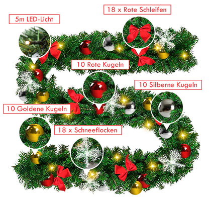 Yakimz Christmas Garland Artificial, 5m with 100 Warm White LED Lights, including Decorations, Artificial Green Pine Garland Christmas Decoration Indoor and Outdoor Garland