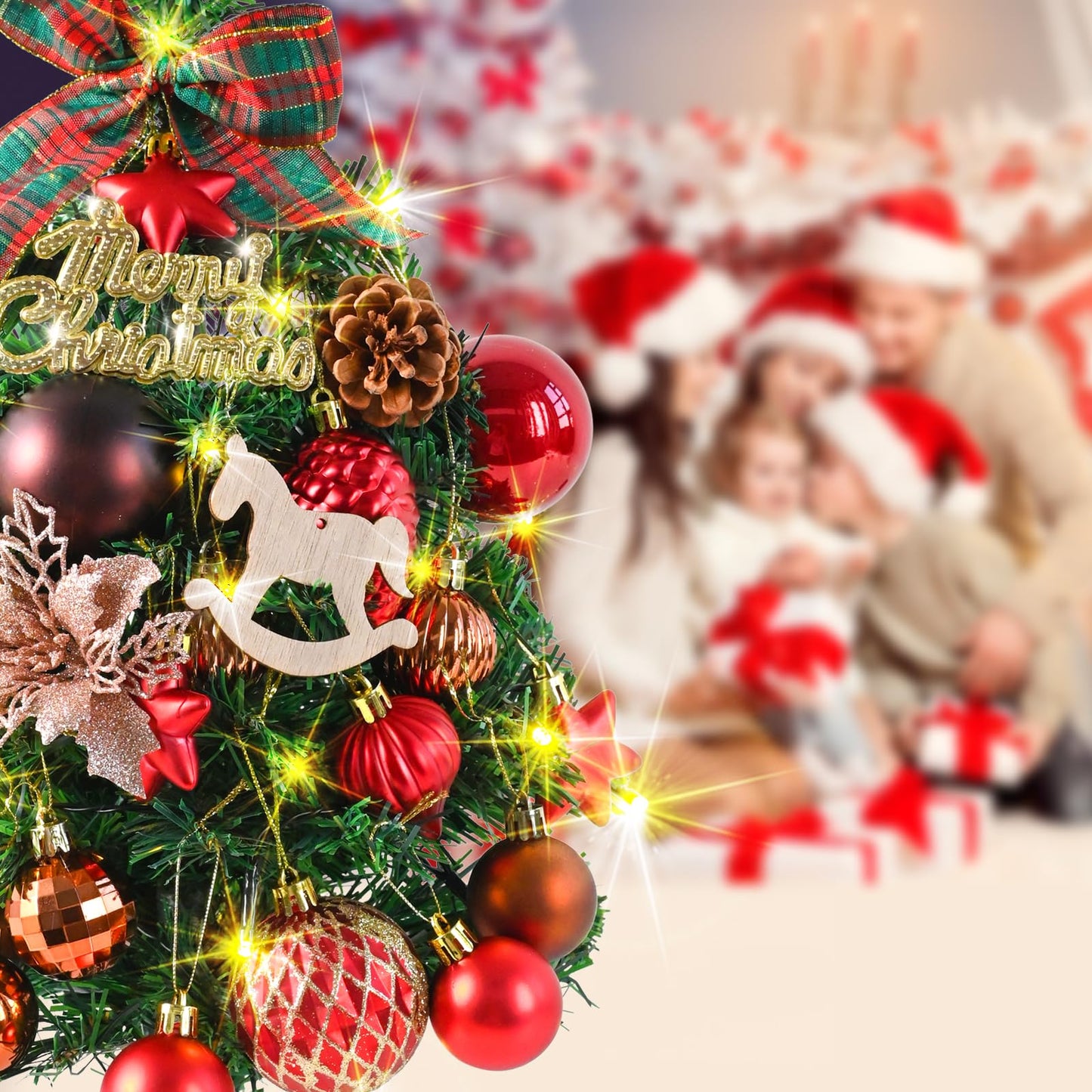 Artificial Christmas tree with 30 warm white LEDs 8 light modes KAMEUN 55CM Mini Christmas Tree Artificial, Flame Retardant PVC Pine Tree, Christmas Tree with Ornaments, Indoor Decoration